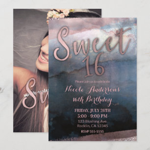Moderne Aquarel Roze Goud & Blauwe Sweet 16 Foto Kaart