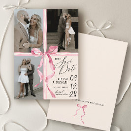 Moderne Aquarel Roze Strik 3 Foto Ivoor Trouwfeest Save The Date