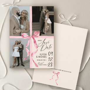 Moderne Aquarel Roze Strik 3 Foto Ivoor Trouwfeest Save The Date