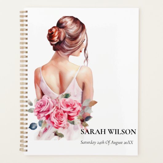 Moderne Aquarel Roze Trouwjurk Bruidsfeest Planner (Voorkant)