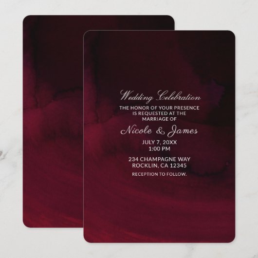 Moderne Aquarel Stemmig Maroon Burgundy Bruiloft Kaart (Voorkant / Achterkant)