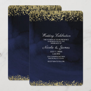 Moderne Aquarel Stemmig Navyblauw & Gouden Bruilof Kaart