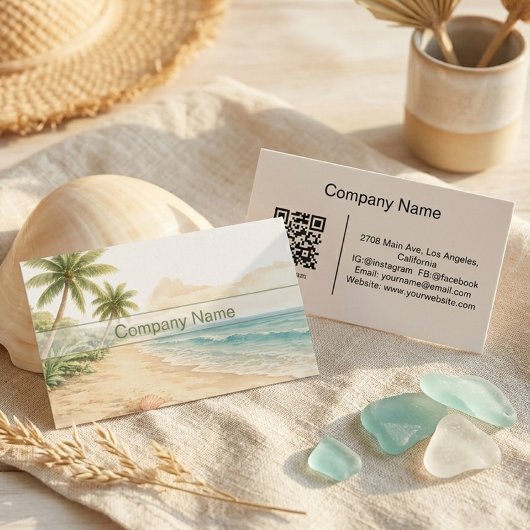 Moderne Aquarel Strand Vakantieverhuur QR Code Visitekaartje