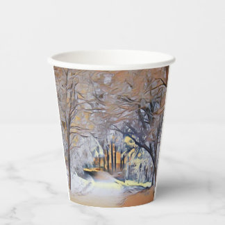 Moderne aquarel van gekleurde besneeuwde bomen papieren bekers