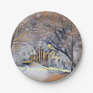 Moderne aquarel van gekleurde besneeuwde bomen papieren bordje