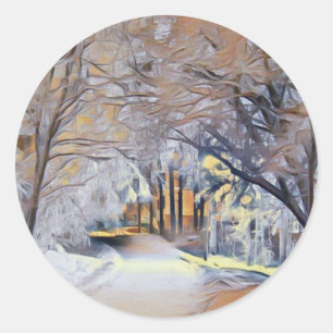 Moderne aquarel van gekleurde besneeuwde bomen ronde sticker