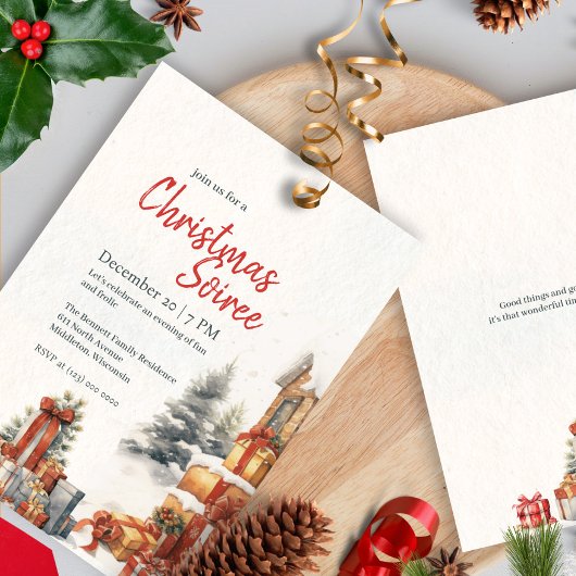 Moderne Aquarel Winter Rood Groen Kerstfeest Party Kaart