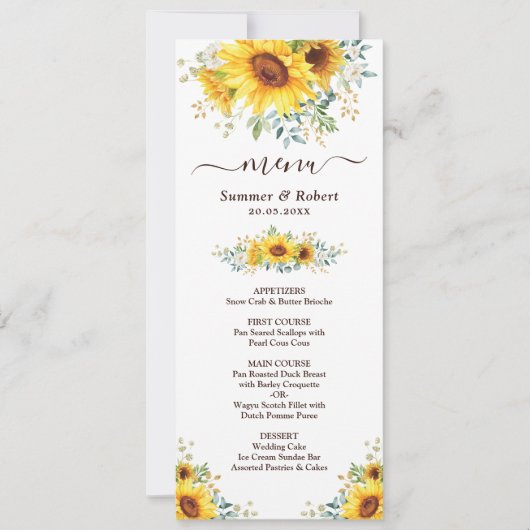 Moderne Aquarel Zonnebloem Huwelijksmenu Kaart (Voorkant)