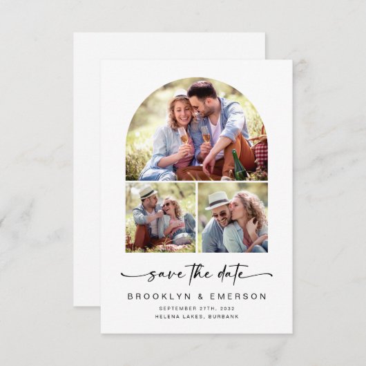Moderne Arch | 3 Foto's die de datum opslaan Save The Date (Voorkant / Achterkant)