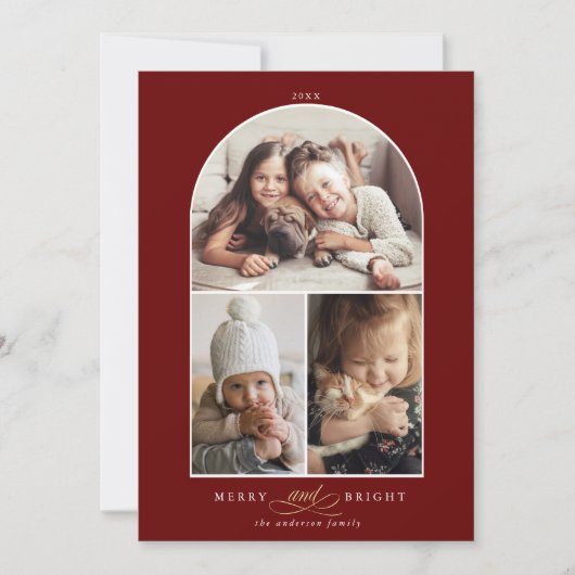 Moderne Arch 3 Fotoverfrissing en helder rood Feestdagenkaart (Voorkant)
