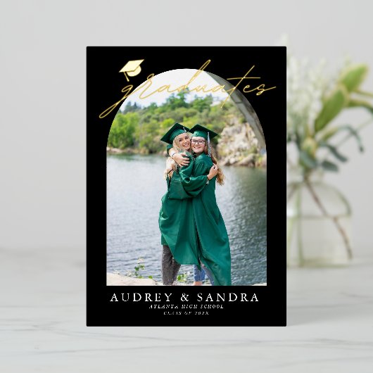 Moderne Arch Afgestudeerden Dubbele Afstudeerfeest Folie Uitnodiging (Staand Voorkant)