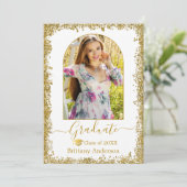 Moderne Arch Afstudeerder Pet Gold Glitter Afstude Aankondiging (Staand voorkant)