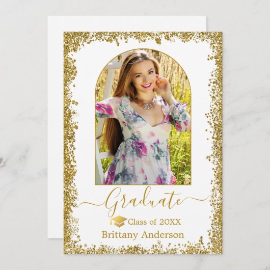 Moderne Arch Afstudeerder Pet Gold Glitter Afstude Aankondiging (Voorkant / Achterkant)