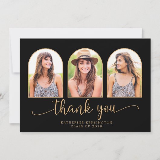 Moderne Arch Black Gold 3 Foto Afstuderen Bedankkaart (Voorkant)