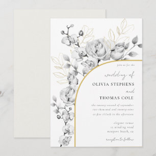 Moderne Arch Black White Gold Floral Wreath Wedden Kaart