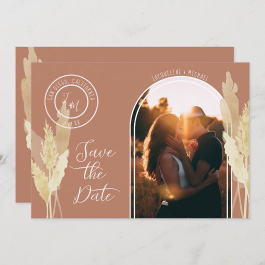 Moderne Arch BOHO Pampas Grass Simple Copper Photo Save The Date (Voorkant / Achterkant)