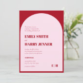 Moderne Arch Bold Typography Pink and Red Wedding Kaart (Staand voorkant)
