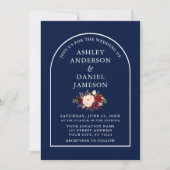 Moderne Arch Burgundy Floral Blue Photo Wedding Kaart (Voorkant)
