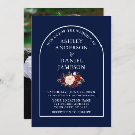 Moderne Arch Burgundy Floral Blue Photo Wedding Kaart