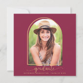 Moderne Arch Burgundy Gold Photo Afstuderen Kaart (Voorkant)
