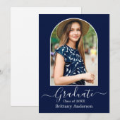 Moderne Arch Calligrafie Foto Blue Afstuderen Aankondiging (Voorkant / Achterkant)