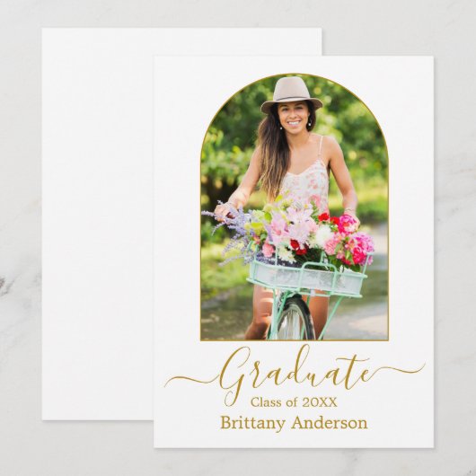 Moderne Arch Calligrafie Foto Gold Afstuderen Aankondiging (Voorkant / Achterkant)