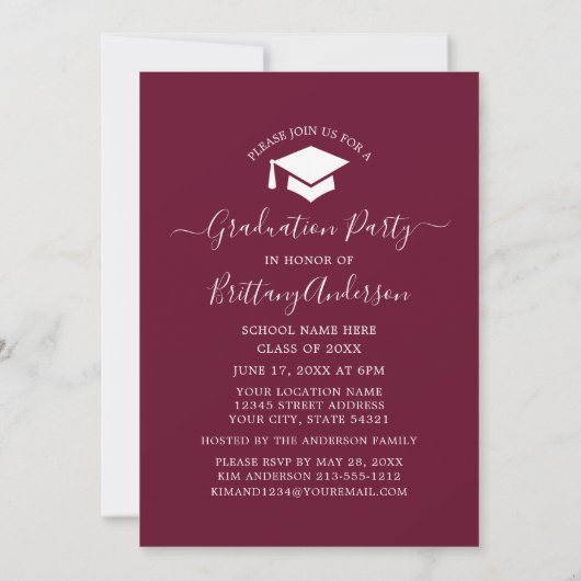 Moderne Arch Calligraphy Burgundy Graduation Party Kaart (Achterkant)