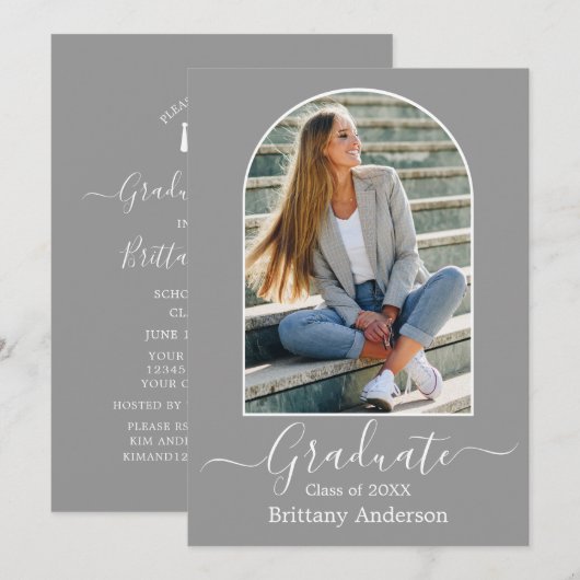 Moderne Arch Calligraphy Gray Graduation Party Kaart (Voorkant / Achterkant)