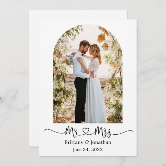 Moderne Arch Calligraphy Heart Mr. en Mrs Wedding Bedankkaart (Voorkant / Achterkant)