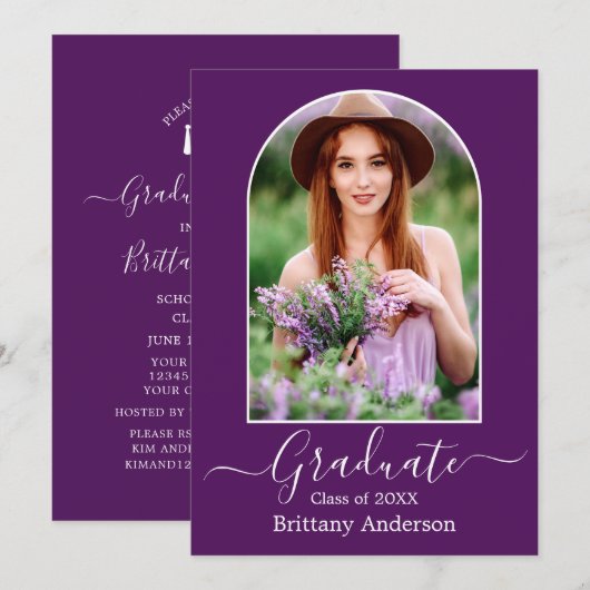 Moderne Arch Calligraphy Paars Graduation Party Kaart (Voorkant / Achterkant)