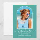 Moderne Arch Calligraphy Photo Blauwgroen Afstuder Aankondiging (Voorkant / Achterkant)