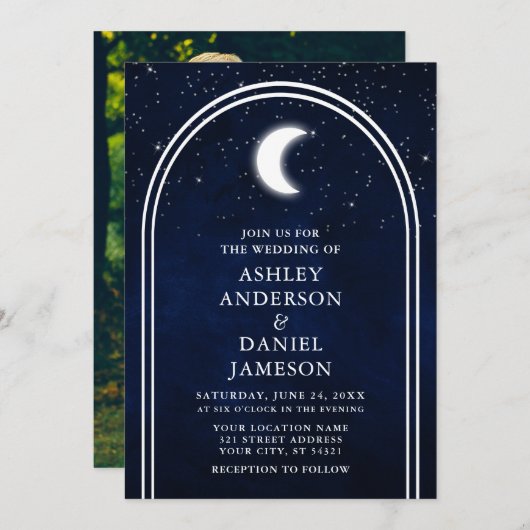 Moderne Arch Celestial Moon Stars Foto Weddenschap Kaart (Voorkant / Achterkant)