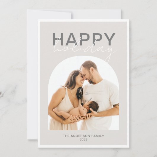 Moderne Arch Cream Grey Photo Happy Holiday Card Kaart (Voorkant)