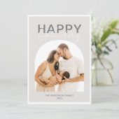 Moderne Arch Cream Grey Photo Happy Holiday Card Kaart (Staand voorkant)