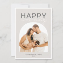 Moderne Arch Cream Grey Photo Happy Holiday Card