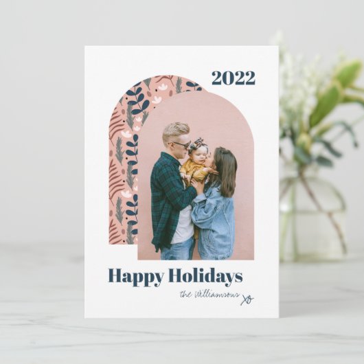 Moderne Arch Custom Photo Pink Foliage 2022 Feestdagenkaart (Staand voorkant)