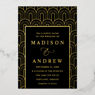 Moderne Arch Deco Black en Gold Wedding Folie Uitnodiging