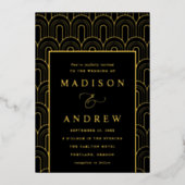 Moderne Arch Deco Black en Gold Wedding Folie Uitnodiging (Voorkant)