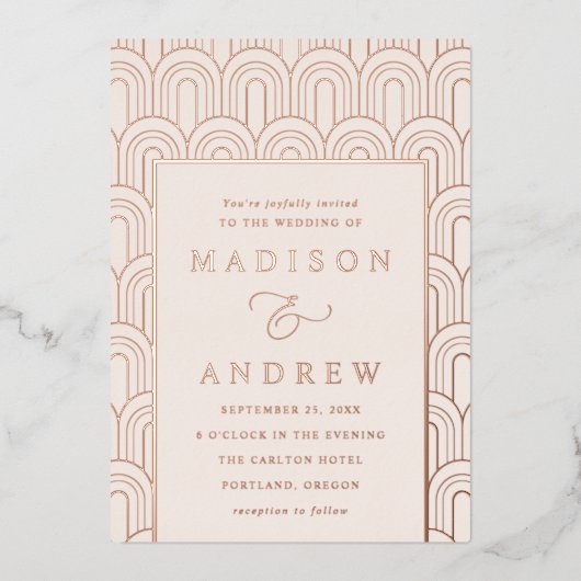 Moderne Arch Deco Cream en Roos Gold Wedding Folie Uitnodiging (Voorkant)