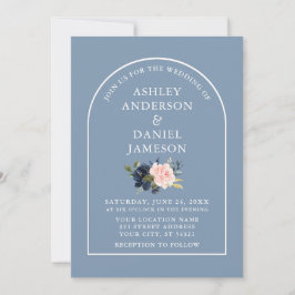 Moderne Arch Dusty Blue Pink Floral Photo Wedding Kaart