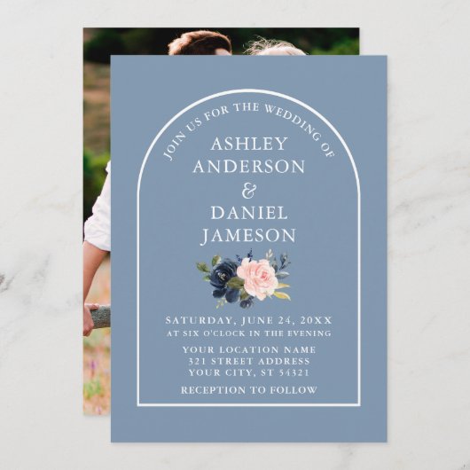 Moderne Arch Dusty Blue Pink Floral Photo Wedding Kaart (Voorkant / Achterkant)