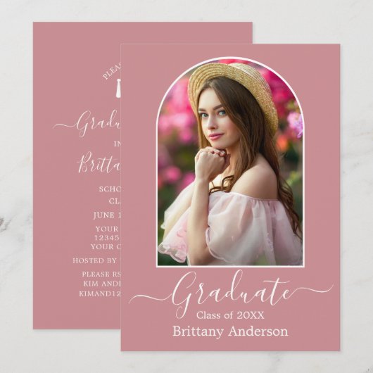 Moderne Arch Dusty Pink Graduation Party Kaart (Voorkant / Achterkant)