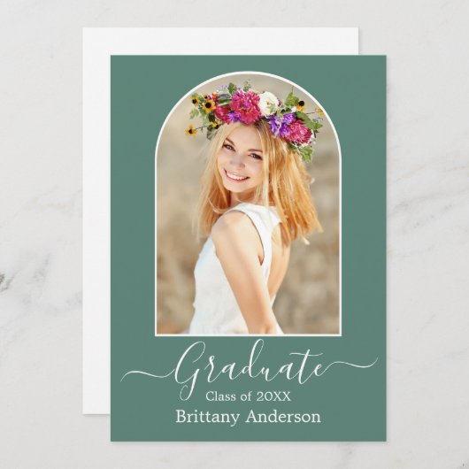 Moderne Arch Eucalyptus Green Afstuderen Aankondiging (Voorkant / Achterkant)