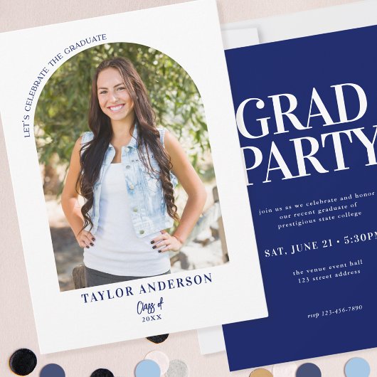 Moderne Arch Foto Elegant Blauw Afstudeerfeest Kaart