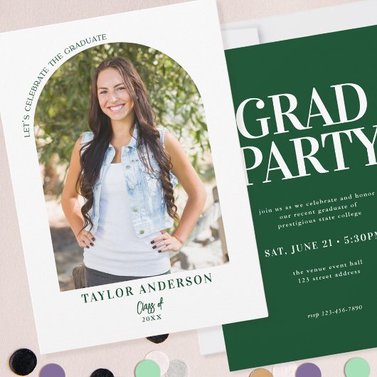 Moderne Arch Foto Elegant Green Graduation Party Kaart