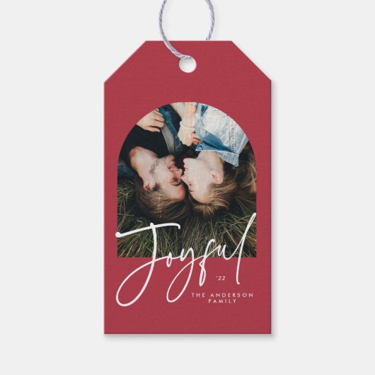 Moderne Arch-fotoscript elegante kerstfeestdag Cadeaulabel (Voorkant)