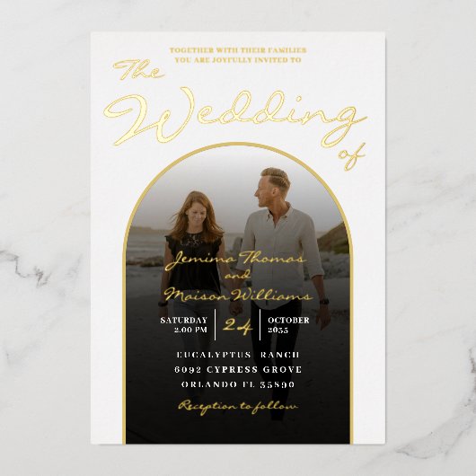 Moderne Arch Gold Foil Script & Photo Wedding Foli Folie Uitnodiging (Voorkant)