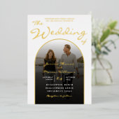 Moderne Arch Gold Foil Script & Photo Wedding Foli Folie Uitnodiging (Staand Voorkant)