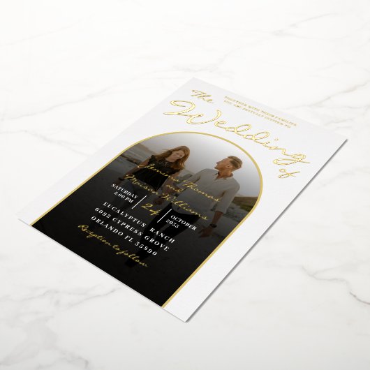 Moderne Arch Gold Foil Script & Photo Wedding Foli Folie Uitnodiging (Gedraaid)
