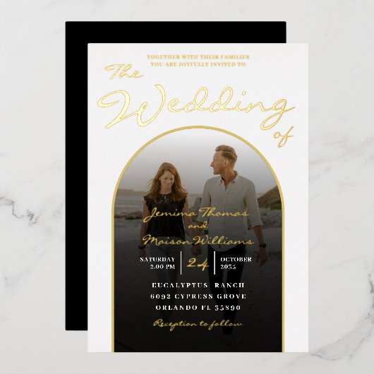 Moderne Arch Gold Foil Script & Photo Wedding Foli Folie Uitnodiging (Voorkant / Achterkant)